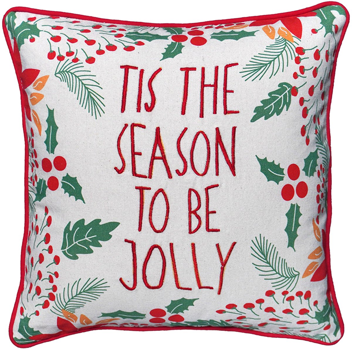 Urbane Hide Kerstkussen - Kerst Kussenhoes Digitaal Bedrukt en Geborduurd met Tis the Season to Be Jolly - Vierkante Kussenhoesjes - Kerstkussens met Hulst en Dennenaccenten - 45x45 cm - Katoen - Wit/Rood - Zonder Binnenkussen Type E