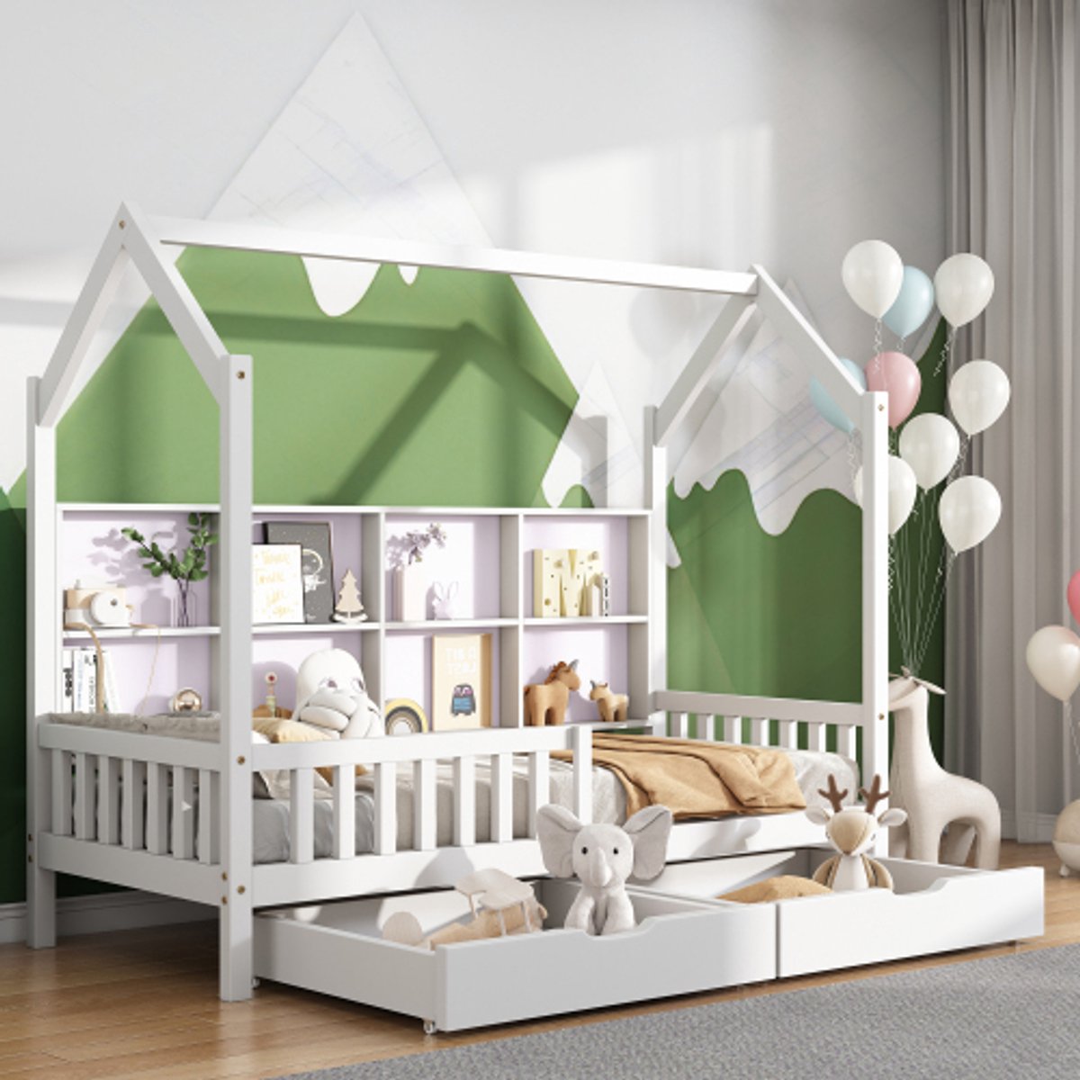 Huisbed Kinderbed met multifunctionele boekenplank, opbergrek, kast, opbergrek en twee gro
