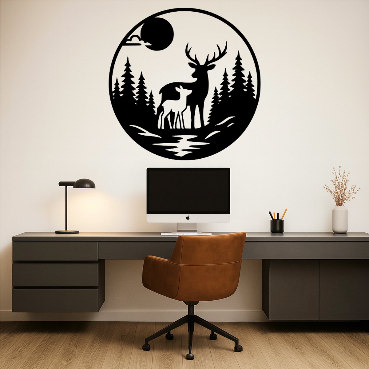 Hert met Kalf in Cirkel Wanddecoratie Hout – Natuur Muurdecoratie – Lasergesneden Dieren Design – Uniek Cadeau voor Natuurliefhebber – Woonkamer & Kantoor Decor – 50 cm Breed