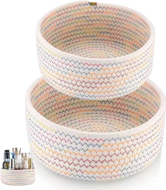 Set de 2 paniers tressés, un grand et un petit, Set de rangement ronds, paniers de rangement Jouets , paniers de rangement pour produits d'entretien, décoration d'intérieur, Design point arc-en-ciel (17 x 8 cm et 20 x 9 cm)