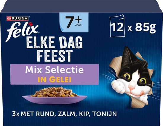 Felix Elke Dag Feest 7+ Senior Mix Selectie - Kattenvoer Natvoer - Zalm Tonijn Kip & Rund - 48 x 85 g