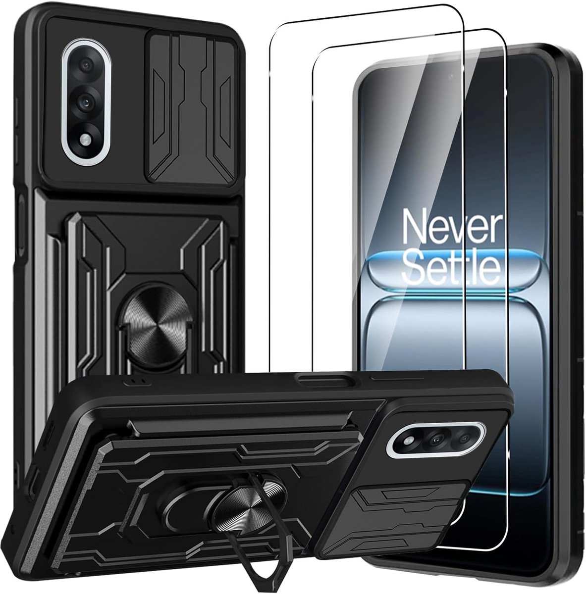 Hoesje + Glas Geschikt voor Oneplus Nord 5 - Zwart - Casemania Anti-Shock Hybrid Armor Back Cover en 2x Tempered Glazen Screenprotector - Extra Sterk Telefoonhoesje met Kickstand Ring en Camera Bescherming