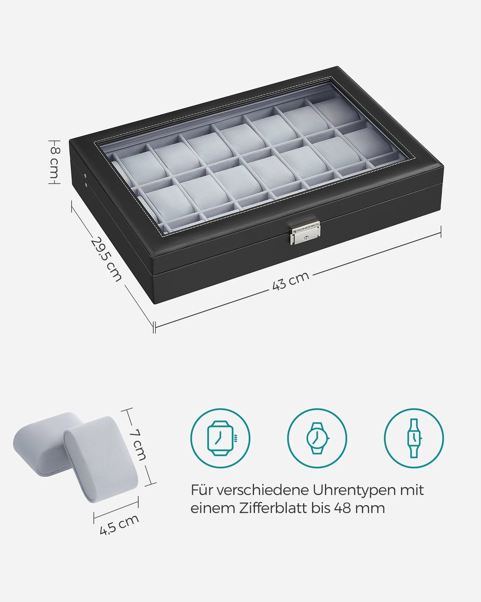Horlogebox met 24 vakken - Zwart PU met glazen deksel - Slot en 2 sleutels - Fluwelen voering - 29,5x43x8 cm - Luxe opbergdoos - Horloge organizer - Stijlvol en stofvrij - Ook geschikt voor sieraden
