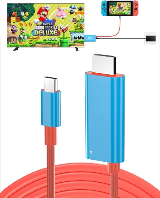 Een rode kabel met blauwe en oranje uiteinden, naast een tv waarop Super Mario Bros. U Deluxe wordt gespeeld en een Nintendo Switch.