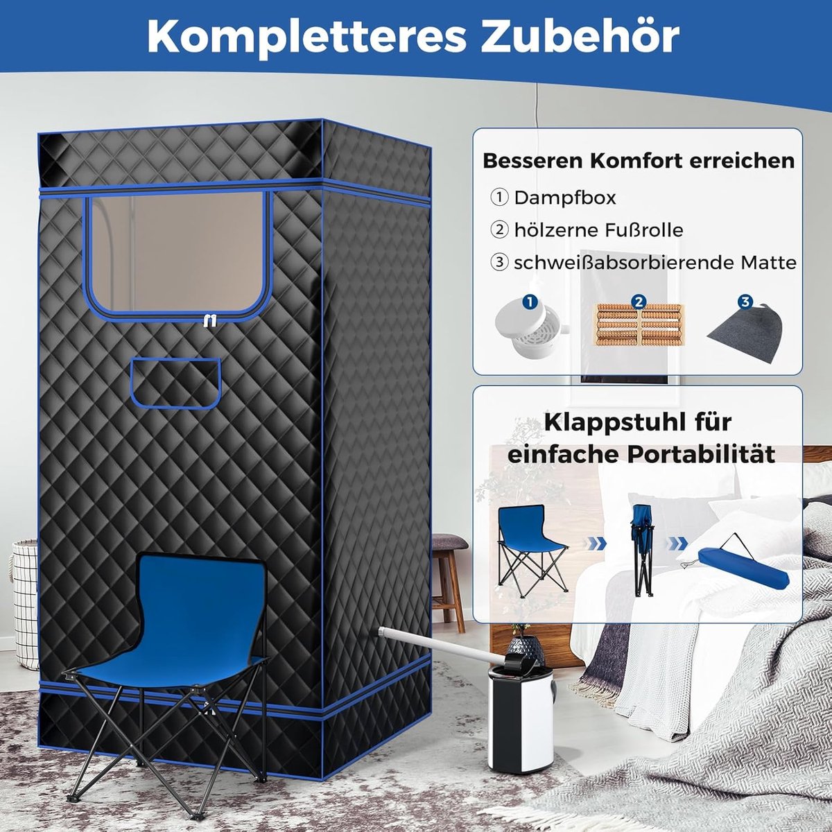 COSTWAY Stoomsauna, thuissauna voor thuis, full-body saunabox met 3-liter stoomgenerator, afstandsbediening, voetmassageapparaat en klapstoel, draagbare saunatent 91 x 91 x 183 cm (zwart) thumbnail 4