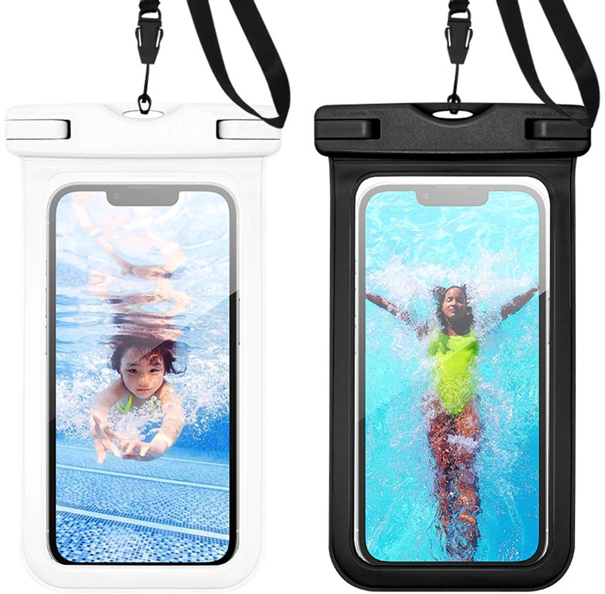 Waterdichte Telefoonhoes - PVC, touchscreen duikhoes - Waterbestendig met nekkoord - Bescherming bij zwemmen en regen - Voor vrouwen en mannen - Wit+Zwart - 20x10,5cm - 1 stuk