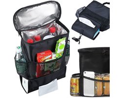 Goodivery ® Thermische tas voor autostoel met 3 netvakken en 1 zak voor tissues, beschermhoes voor koelbox op de achterbank, isolerende achterbankzak - 10 x 35 x 28 cm, Zwart
