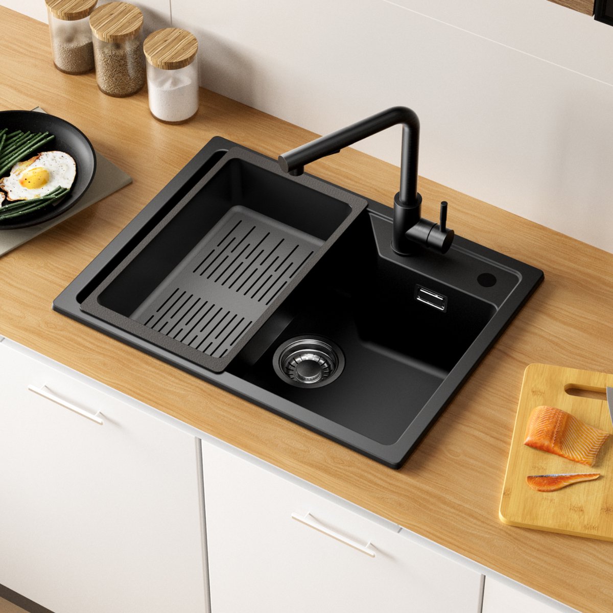Sofetiy Max Granieten Spoelbakken (65*45cm) - Spoelbak Keuken Zwart - Wasbak Keuken Met Waterafvoersysteem en Wasbak Vergiet