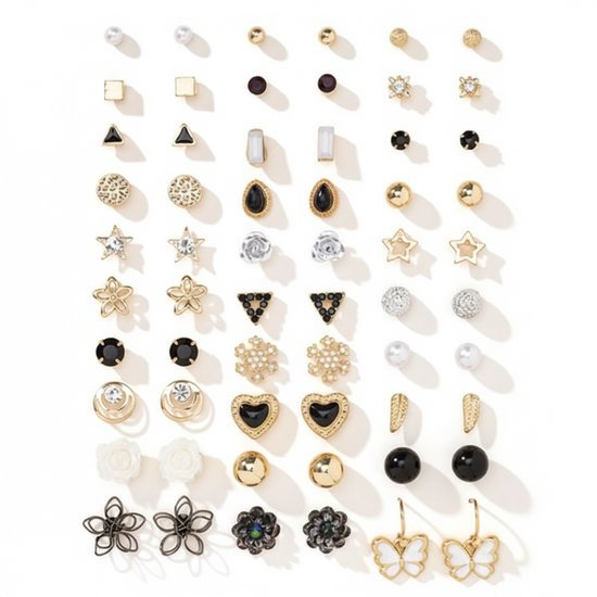 Set de 30 paires de boucles d'oreilles pour femme – Mix varié de clous d'oreilles avec Hartjes, Fleurs, papillons, perles et motifs géométriques dans des tons Goud et noirs