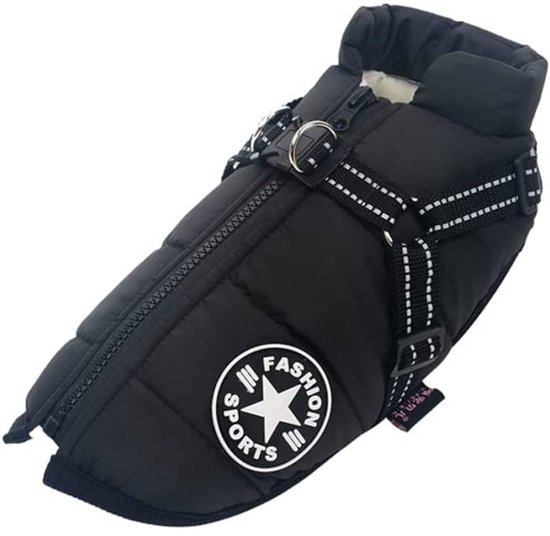 Zwarte gewatteerde hondentrui met klittenbandsluiting, borsttuig en het 'Fashion Sports' logo.