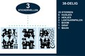 Drie vellen met Halloween stickers: huizen, spoken, sterren, hekjes, lantaarnpalen, een boom, graf en maan. "3 STICKERVELLEN 38-DELIG"