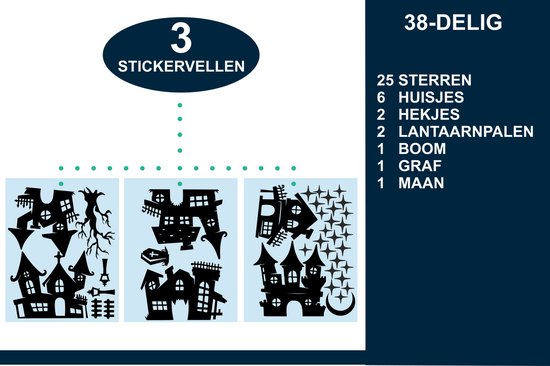 Drie vellen met Halloween stickers: huizen, spoken, sterren, hekjes, lantaarnpalen, een boom, graf en maan. "3 STICKERVELLEN 38-DELIG"