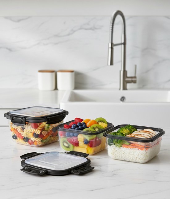 Tobeyz - 3-delige Vershoudbakjes Set met Deksel – Meal Prep Bakjes - Diepvriesbakjes - Vierkant Voedselcontainer - 500ml, 900ml, 1500ml - Luchtdicht, BPA-vrij, Herbruikbaar - Zwart - QS141