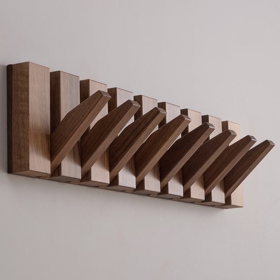 Kommo Wandkapstok - kapstok hangend - Walnoot hout - 8 haken - Piano kapstok - kapstokken - handgemaakt