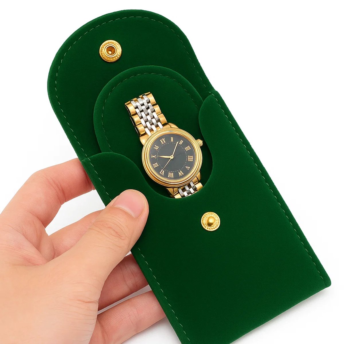 Premium Imitatie Suède Horloge Reisetui - Luxe Fluwelen Horlogepouch met Flip-Sluiting | Compacte Opbergzak voor 1 Horloge | Groen - 13×7 cm