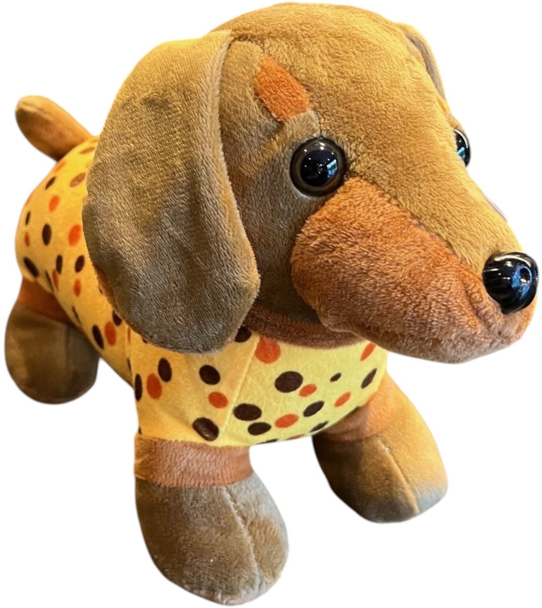 Teckel - Knuffel - Pluche - Pluche hond - Hond - Bruin - Geel - Teckel pyjama - Knuffeldier - Teckel knuffel - Pluche teckel - 30x17cm