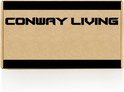 Bruine kartonnen doos met zwarte banden en 'CONWAY LIVING' logo.