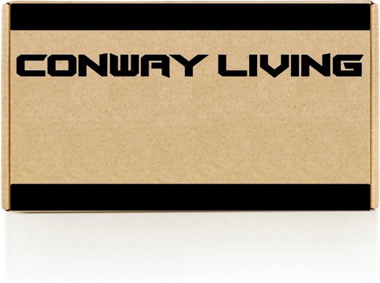 Bruine kartonnen doos met zwarte banden en 'CONWAY LIVING' logo.