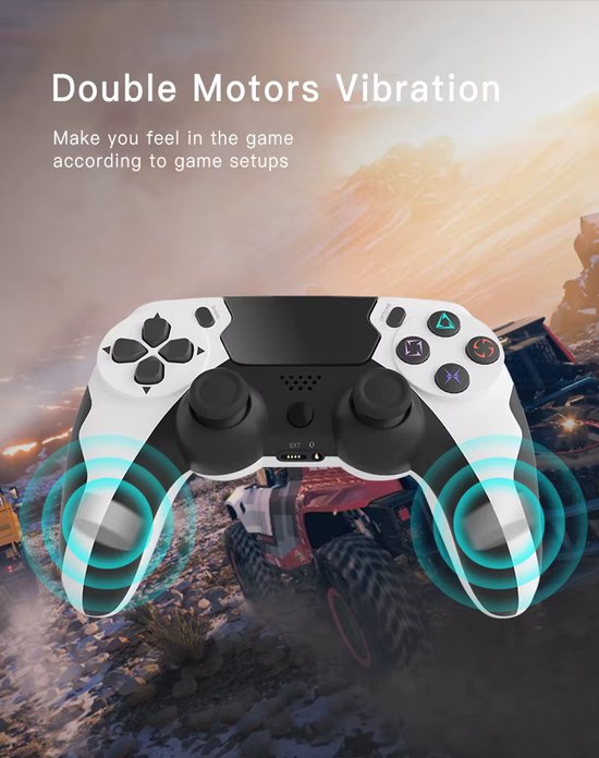 Zwarte en witte controller voor een PS4, met trillingsvisualisaties.