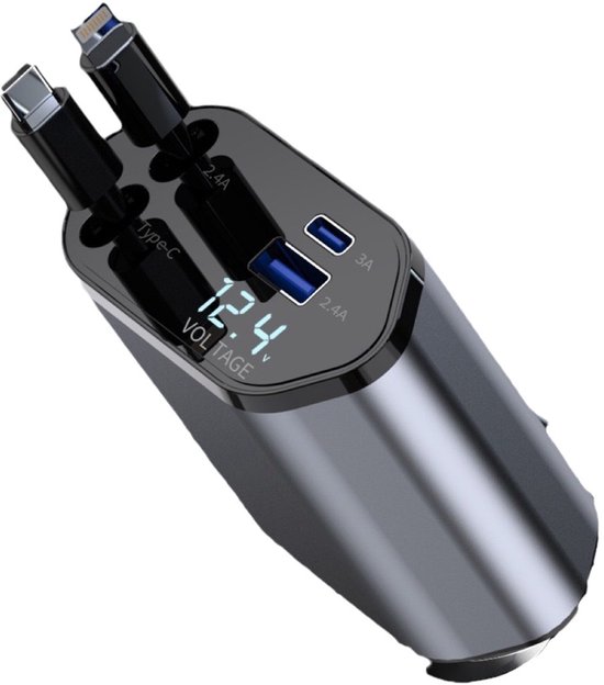 Autolader - 4 in 1 autosnellader voor iPhone en USB C, intrekbare kabels (31,5 inch) en 2 oplaadpoorten - Sigarettenaansteker adapter - Zilver
