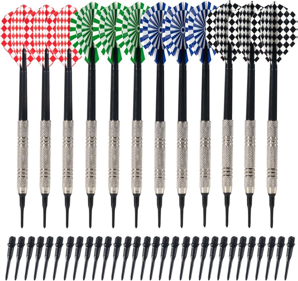 Darts - 12 Dartnaalden - 12 x 14 g - Darts met plastic punt - Inclusief 100 vervangende punten - Doelset - Zacht en duurzaam - Plastic - Darts - Rood, Zwart, Blauw, Groen