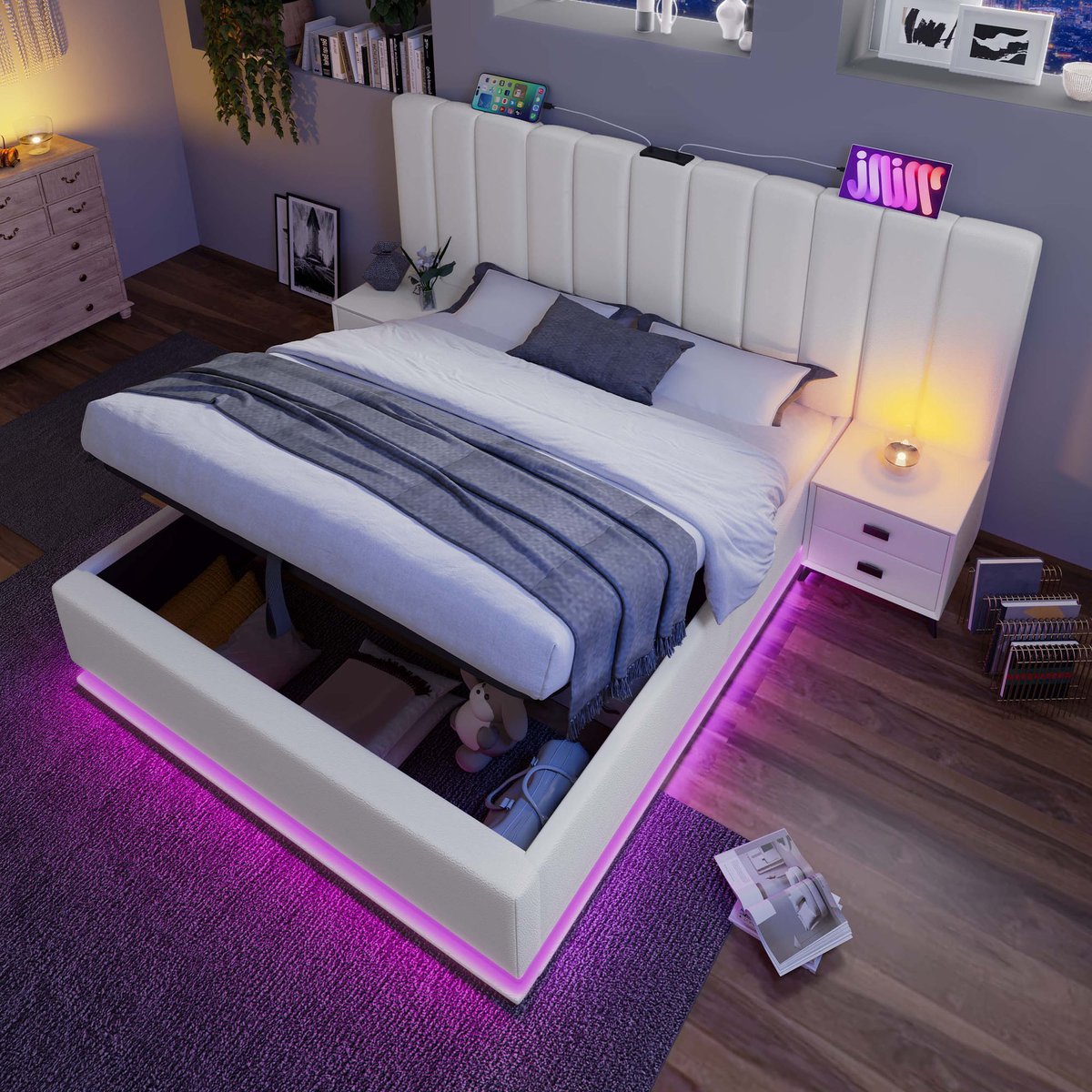 HAUSS SPOLE Gestoffeerd Bed 160x200 cm - Tweepersoonsbed Met LED Verlichting En USB C-Type Oplaadfunctie - Inclusief Lattenbodem - Opbergbed Met Stauraum - Metaal - Wit