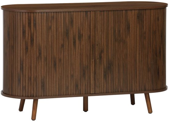 Bruin houten dressoir met verticale groeven, twee deuren en houten pootjes.