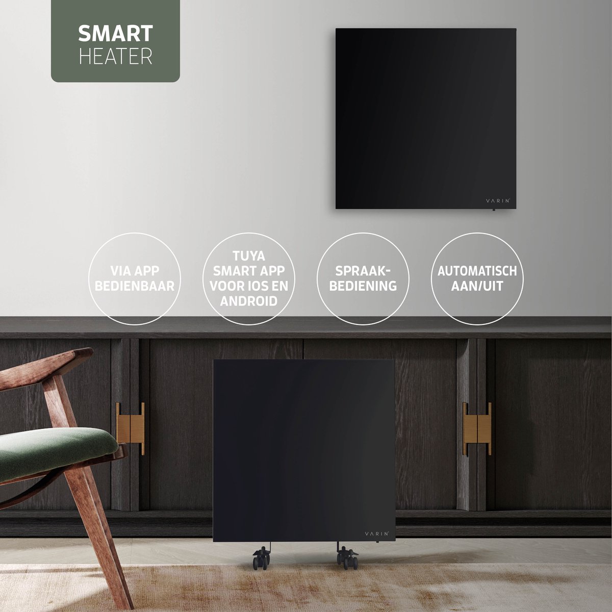 Varin® Smart Design Infrarood verwarmingspaneel - 400W - 60x60cm - Zwart glas - IP24 - Met thermostaat - Wandmontage of verrijdbaar - Elektrische verwarming - Infrarood paneel verplaatsbaar - Kachel - Heater bureau - Terrasverwarmer - Tuya Wifi – foto 5
