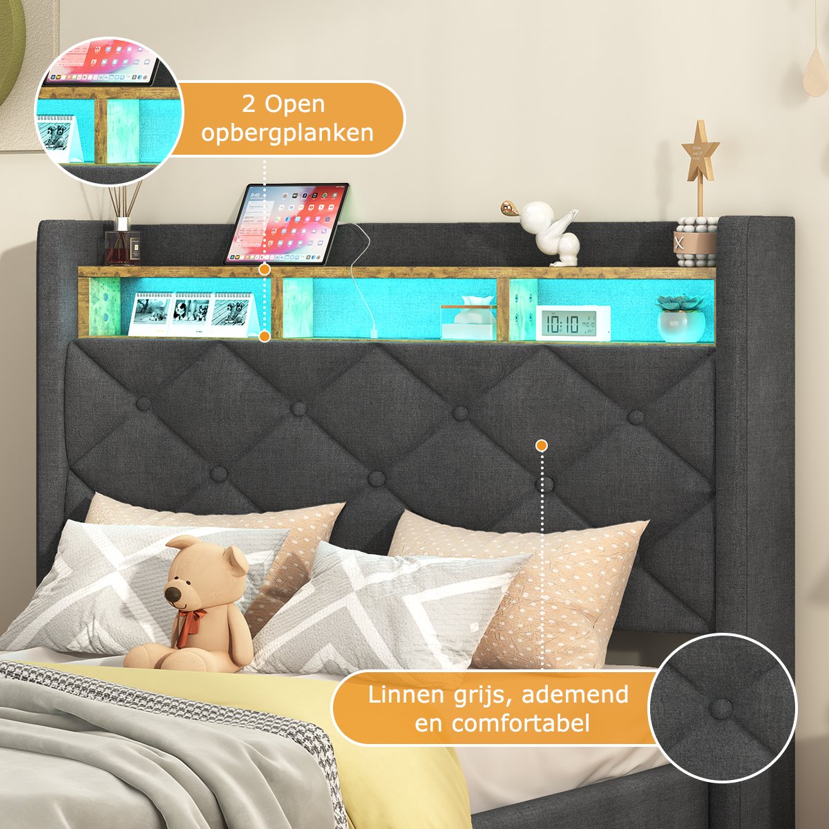 Gestoffeerd bed eenpersoonsbed, hoofdeinde opbergruimte met USB- en type C-poorten, LED-verlichting aan het hoofd- en voeteneinde van het bed, met hydraulische opbergruimte, linnen, met matras. (beige