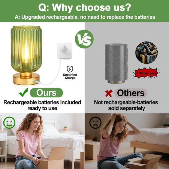 Rosnek Bureaulamp LED 7500 mAh - Dimbare Aanraaklamp met Groene Glazen Kap & Gouden Metaal, 40 Uur Accu Draadloze Tafellamp - Moderne Lamp voor Slaapkamer, Nachtkastje, Woonkamer en Bureau van Rosnek — afbeelding 5