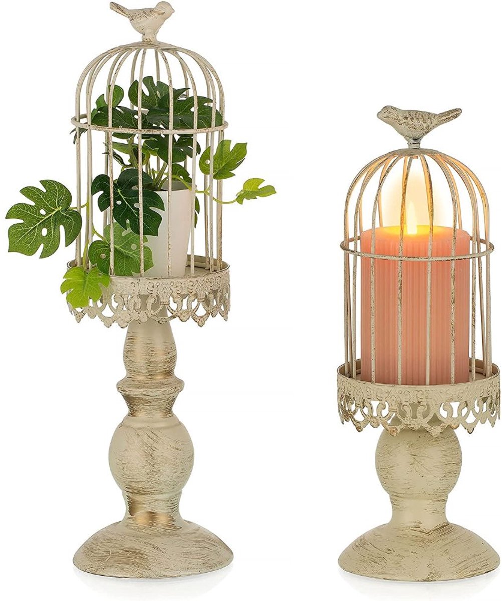 whiqutey Vintage-Kaarsenhouder-Vogelkooi-Decoratie-Metalen-Set-2-Kaarsenhouders-Pijlerkaarsen-Bruiloft-Eettafel-Shabby-Chic-Landhuisstijl-Wit