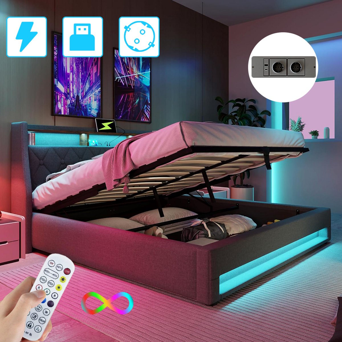 Linnen Gestoffeerd Bed 160x200 cm - Met Hydraulische Hendel - Opbergbed - Jongerenbed - Jeugdbed - Tweepersoonsbed - Opbergruimte - Bedframe met Led Verlichting - Met Stopcontacten - USB -Type C - Eenvoudige Montage - Grijs