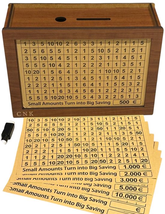CNK- Houten Spaarpot met Aftelmethode – Spaardoos voor Volwassenen – Motiverende Money Box voor Spaardoelen (€500-€10.000) – Stimuleert Spaargewoonte - €500 - €1000 - €2000 - €3000 - €5000 - €10000