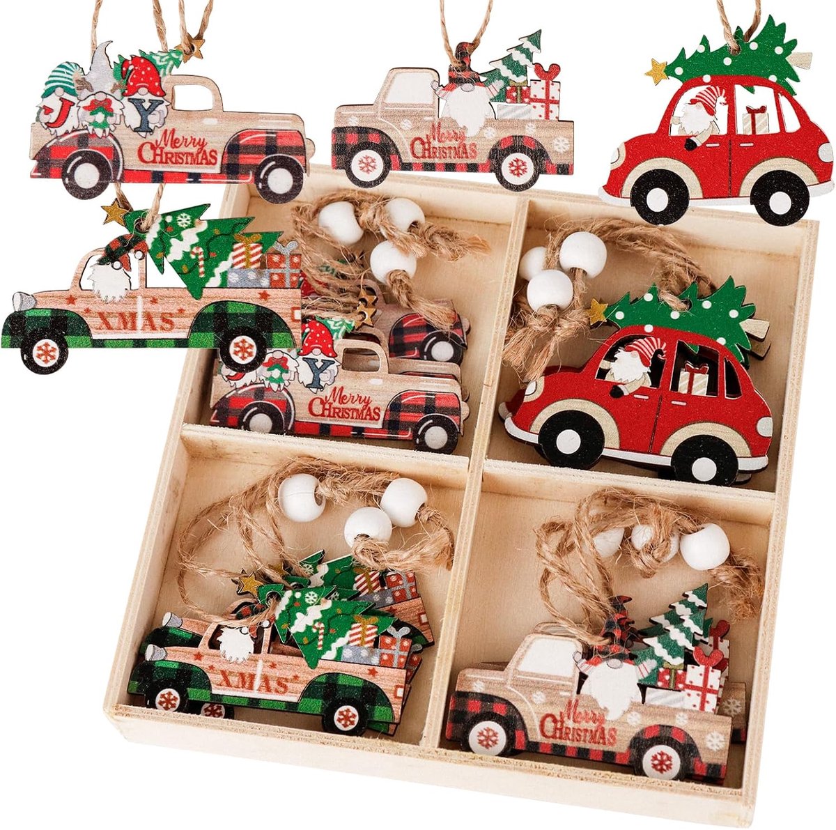 Sander Shop 12 stuks kerstboomversiering van hout, kersthangers, houten versiering, kerstboomversiering voor cadeauhangers, Kerstmis, feestdecoratie