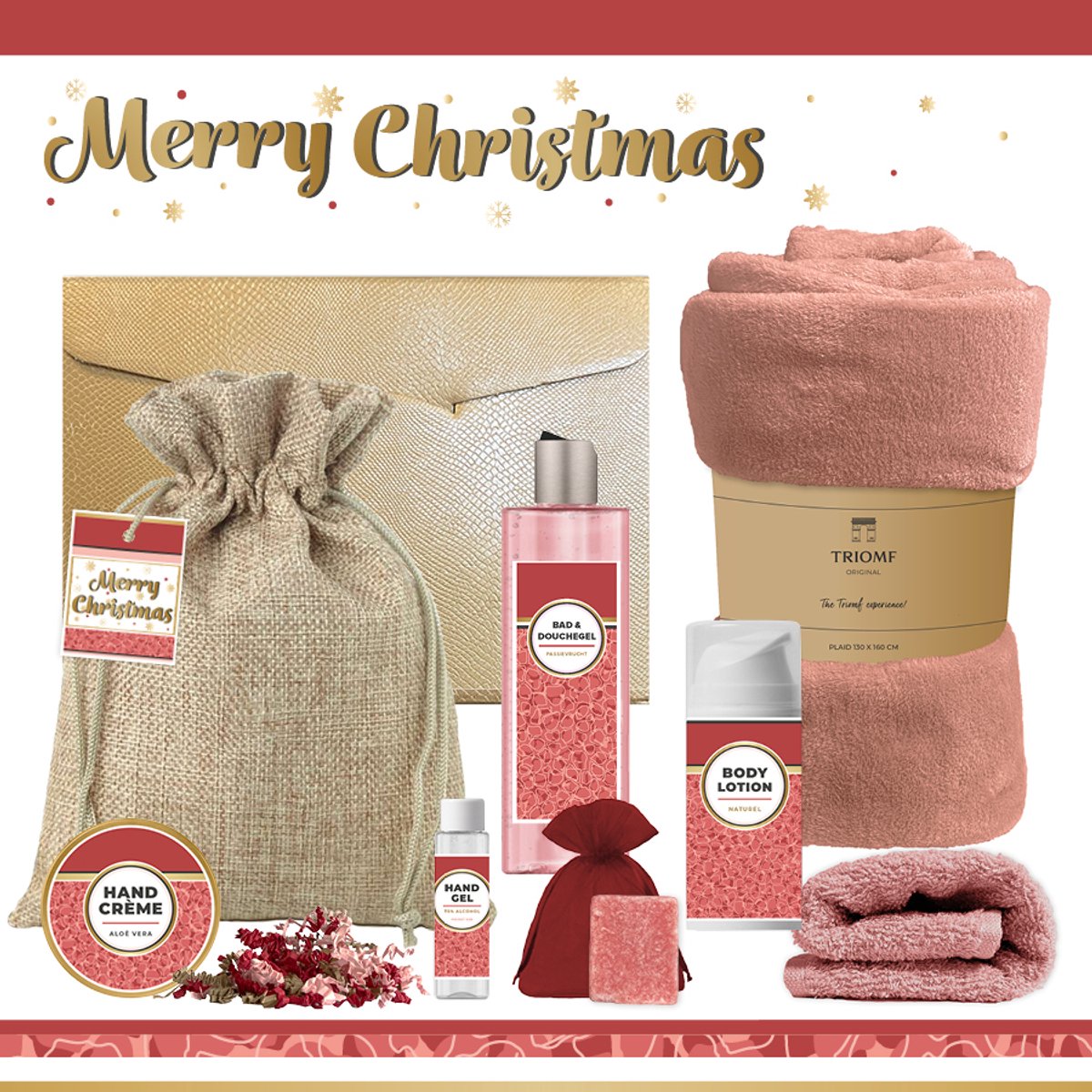 Geschenkset “Merry Christmas” - 8 producten - 1210 gram - Triomf Cosmetica | Giftset voor haar Luxe wellness cadeaubox Cadeau vrouw Gift Set Kerst Geschenk Fijne Feestdagen Kerstpakket Cadeaupakket Prettige Kerstdagen Collega Vriendin Rood Roze