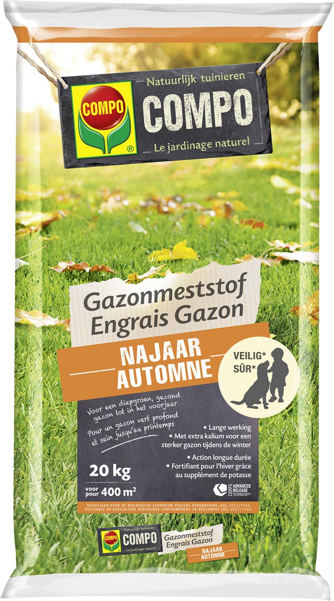 COMPO Gazonmeststof Najaar - voor een groene start in het voorjaar - organisch - verhoogt de weerstand tegen vorst en ziekten - zak 20 kg (400 m²)