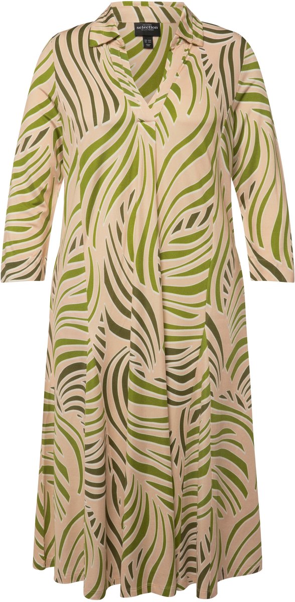 Ulla Popken Dames - Slinky midi-jurk godet-inzetstukken V-hals 3/4-mouwen - Beige - Maat 54+