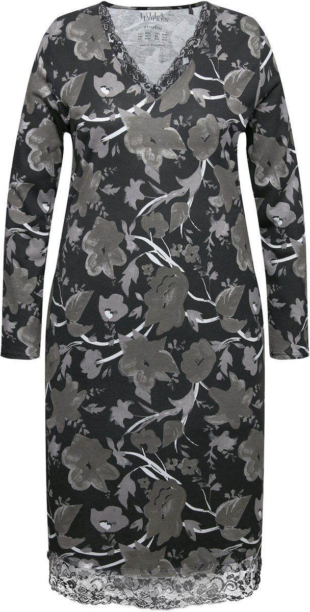 Ulla Popken - Dames - nachthemd bloemen V-hals lange mouwen modalmix - Zwart - Maat 46+