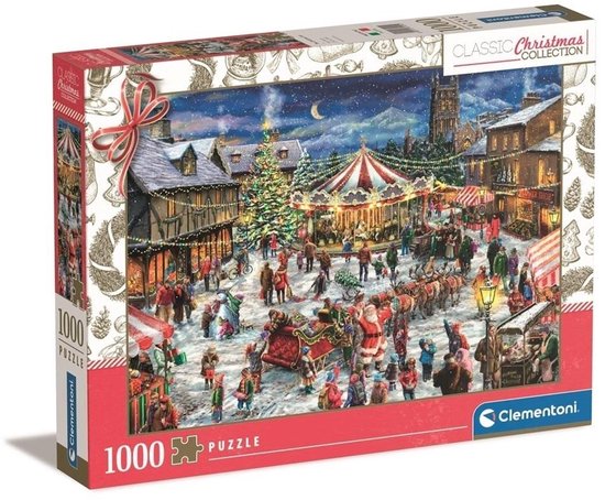 Doos van de Classic Christmas Collection 1000 stukjes puzzel met een wintertafereel met kerstman, kerstboom en draaimolen.