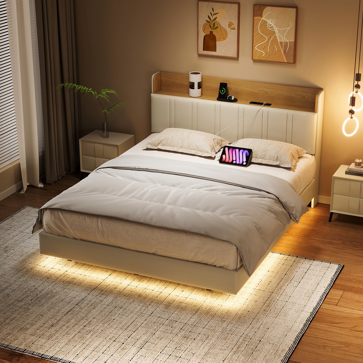 Tweepersoonsbed 160x200 cm - Zwevend Bed met USB-Aansluiting en LED-Verlichting, Opberghoofdeinde en Lattenbodem, Draagvermogen 350 kg, Wit PU-Leer