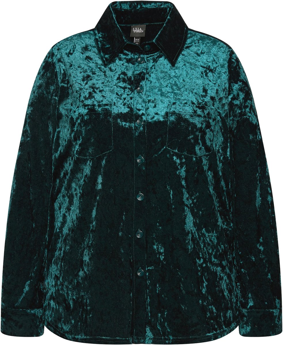 Ulla Popken - Dames - Fluwelen blouse A-lijn overhemdkraag lange mouwen - Dennengroen - Maat 50+