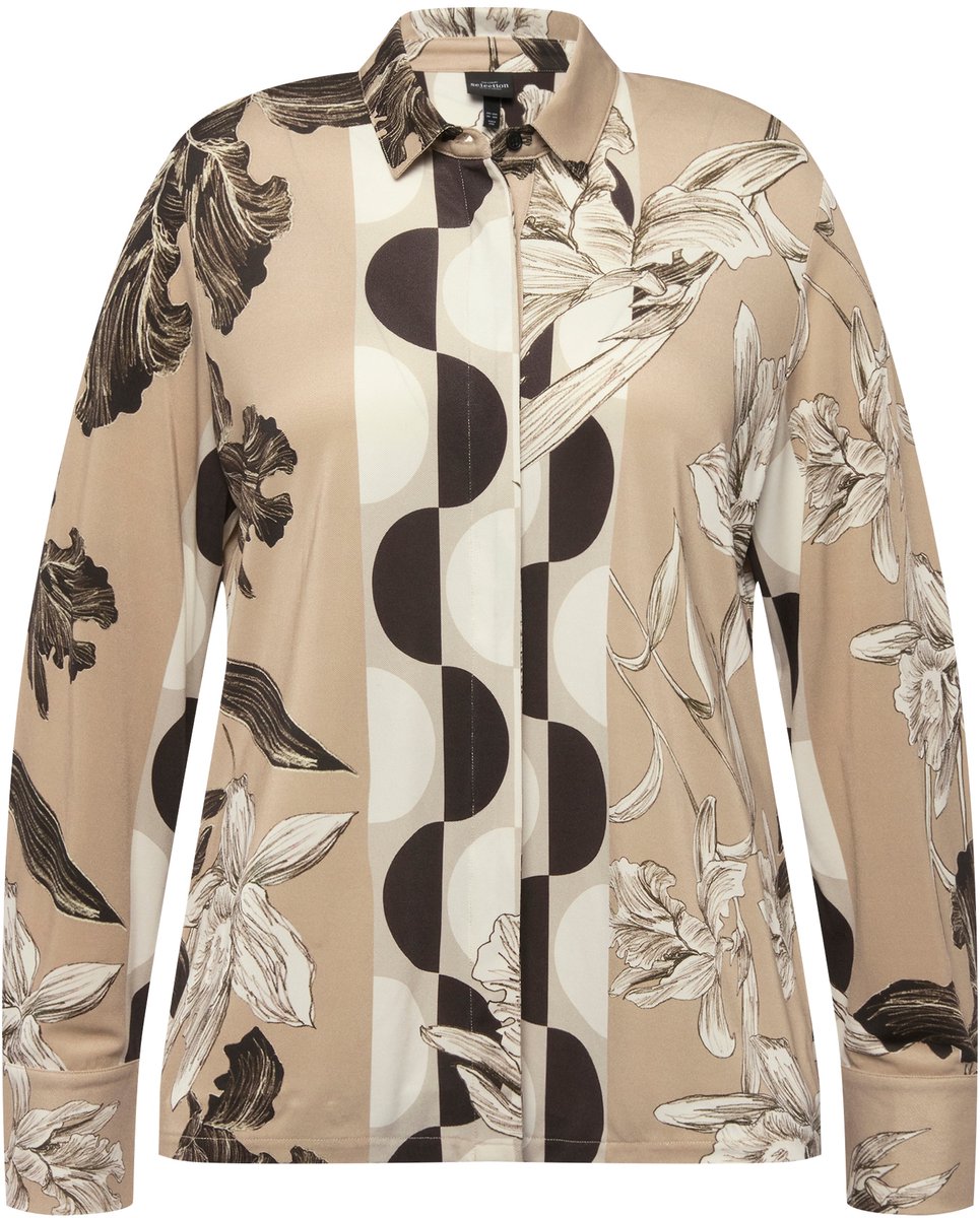 Ulla Popken - Dames - Slinky blouse patroonmix overhemdkraag lange mouwen - Beige - Maat 50+