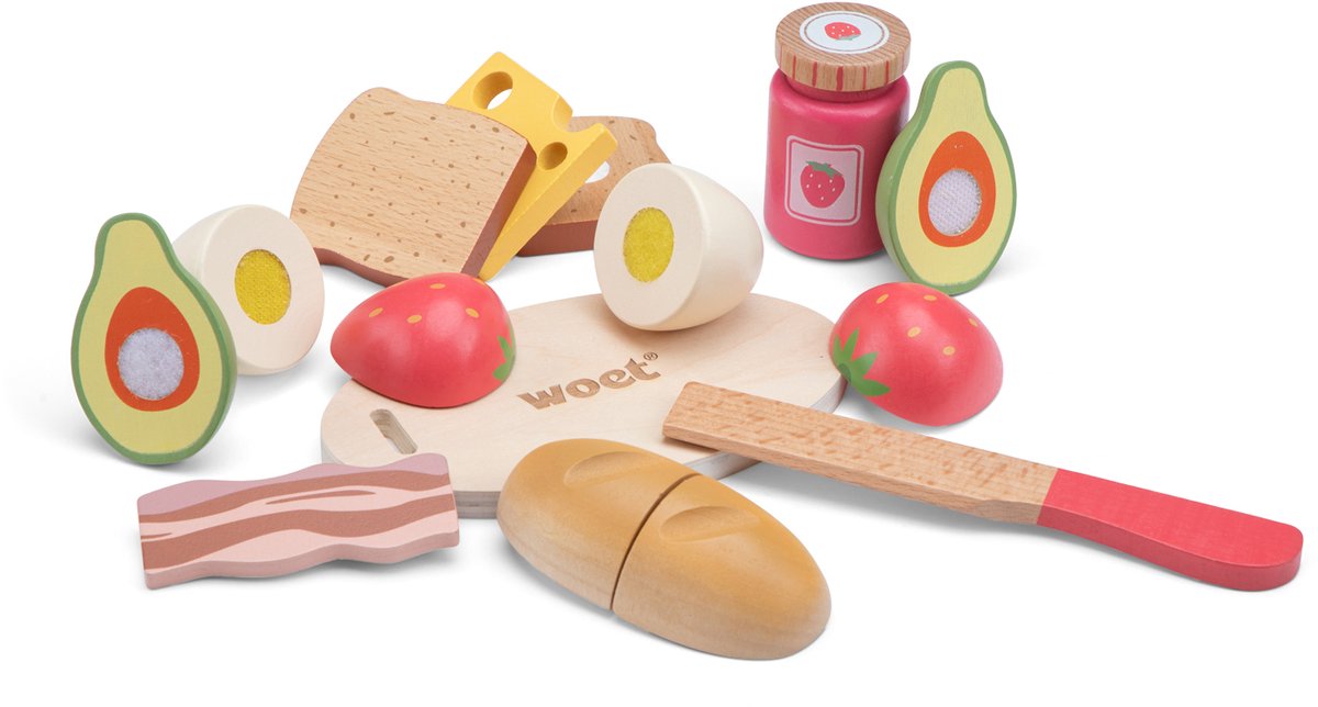 Woet® Houten Snijset Ontbijt in Opbergdoos - Speelset Ontbijt met Snijplank Brood, Kaas, Ei en Fruit - Educatief Speelgoedeten - Rollenspel Keukenspeelgoed - Vanaf 2 Jaar — afbeelding 5