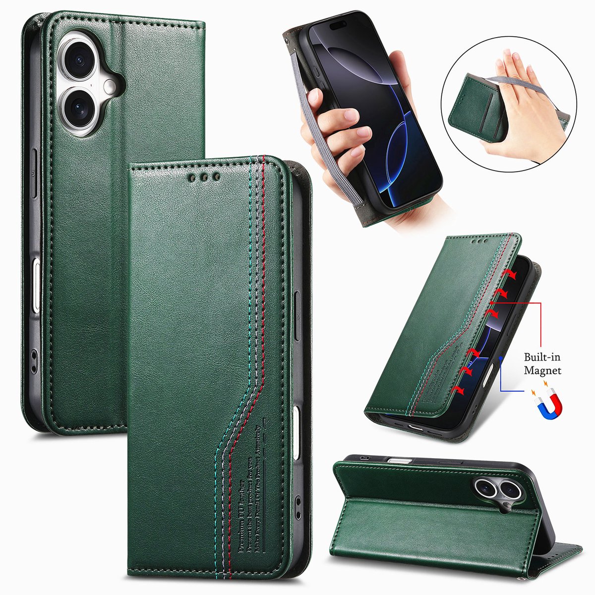 Praktische en Stijlvolle PU Leren Portemonnee Hoes voor iPhone 16 _ Groen