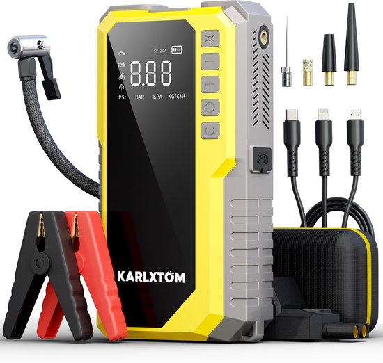 Karlxtom Jumpstarter 12V Multifunctionele 4500A met Luchtpomp - LED-Lamp & Powerbank – Voor Auto - Motor - SUV - Camper