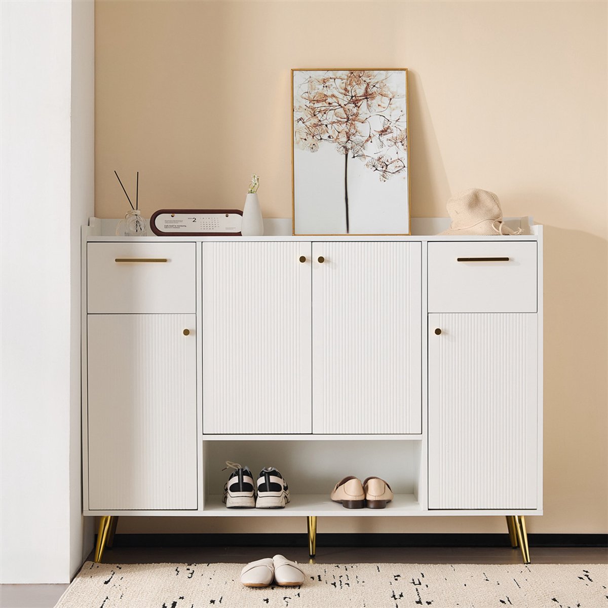 YEHTOKHOME Schoenenkast - Schoenenrek met 2 lades en 4 deuren - metalen poten - open schap - 130x37x100 cm - wit