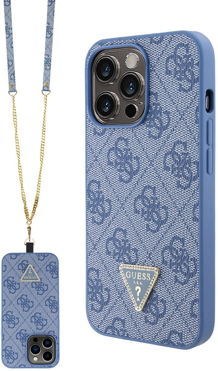 Guess Back cover - iPhone 13 Pro - Blauw - Denimlook met goudkleurig koord