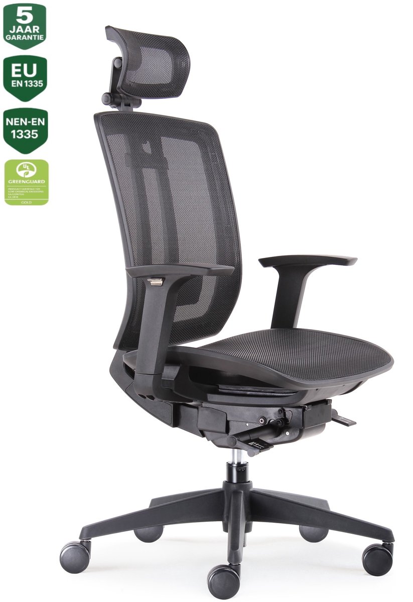BENS 816DH-Synchro-4 - Ergonomische Bureaustoel - Bureaustoelen voor volwassenen - Kantoorstoel - Zwevende Zitting - met Hoofdsteun - GREENGUARD GOLD - NEN-EN1335 & ARBO normen - Zwart