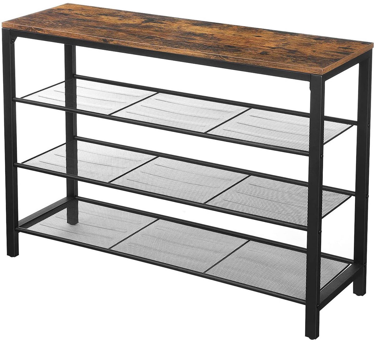 Modern schoenenrek opbergrek met 3 gaasplanken en houten bovenblad stabiele constructie eenvoudig te monteren geschikt voor hal woonkamer en slaapkamer 100 x 30 x 72 cm zwart + bruin