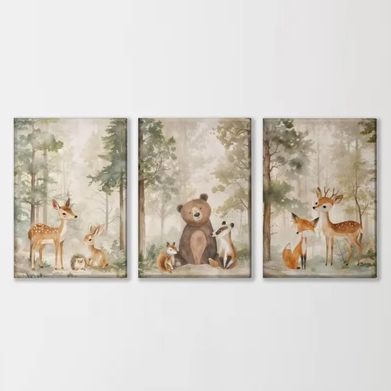 Set de 3 Toiles 'Cerf, Ours & Renard' - 30x40cm - Couleurs vives - Chambre de bébé - Chambre enfant - Fleurs - Marron - Vert - Intérieur - Décoration murale